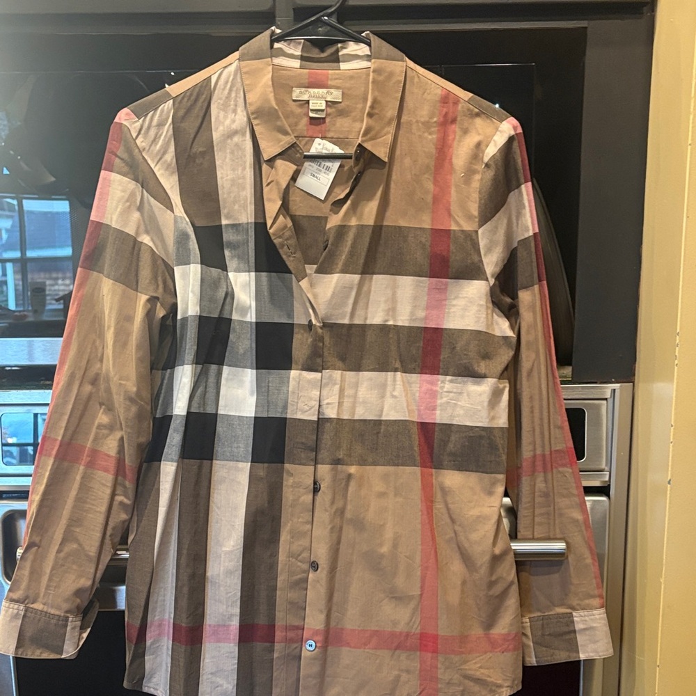 Burberry Women's Checkered Button Down Shirt - Brown, Black, Red